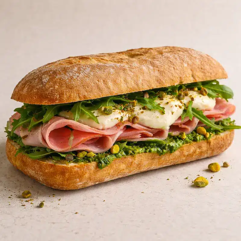 Le Mortadelle : Pesto vert, mortadelle, roquette, burrata et pistache