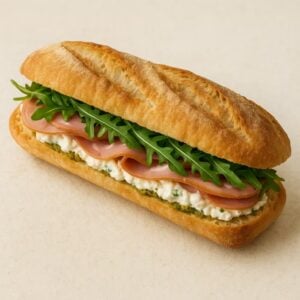 Sandwich mortadelle, straciatella, pesto de pistaches, roquette - Fringale à Farciennes.