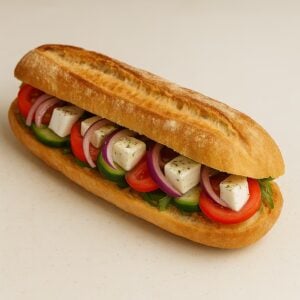 Sandwich feta, oignons rouges, origan, tomate, concombre et huile d’olive - Fringale à Farciennes.