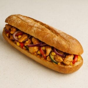 Sandwich au poulet avec oignons, poivrons, maïs et sauce épicée - Fringale à Farciennes.