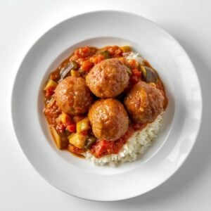 Boulette, ratatouille et riz.
