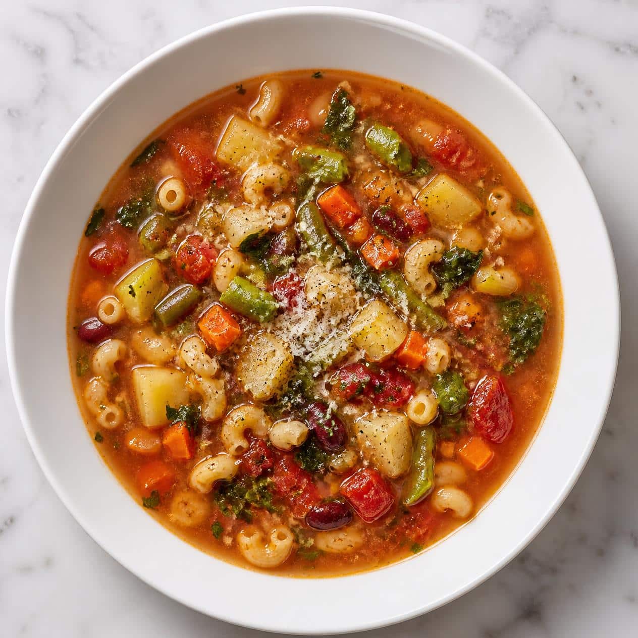 Création d'une photo (Format d'image jpg png; Taille de l'image = 500 Ko; taille 560 800). d'un plat vu du haut dressé dans une assiette du plat minestrone de façon réaliste