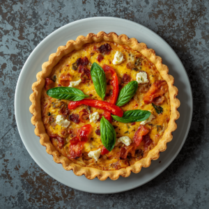 Création d'une photo (Format d'image jpg png; Taille de l'image = 500 Ko; taille 560 800). d'un plat vu du haut dressé dans une assiette du plat quiche aux lardons, poivrons et feta de façon réal