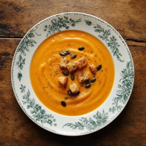 Création d'une photo (Format d'image jpg png; Taille de l'image = 500 Ko; taille 560 800). d'un plat vu du haut dressé dans une assiette du plat velouté potiron de façon réaliste
