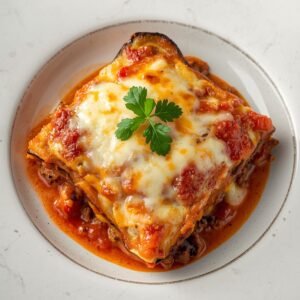 Création d'une photo pesant maximum 300ko format carrée 1 1 d'un plat vu du haut dressé dans une assiette du plat «MOUSSAKA de façon réaliste (1)