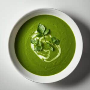 Création d'une photo pesant maximum 300ko format carrée 1 1 d'un plat vu du haut dressé dans une assiette du plat «SOUPE épinard et cerfeuil de façon réaliste