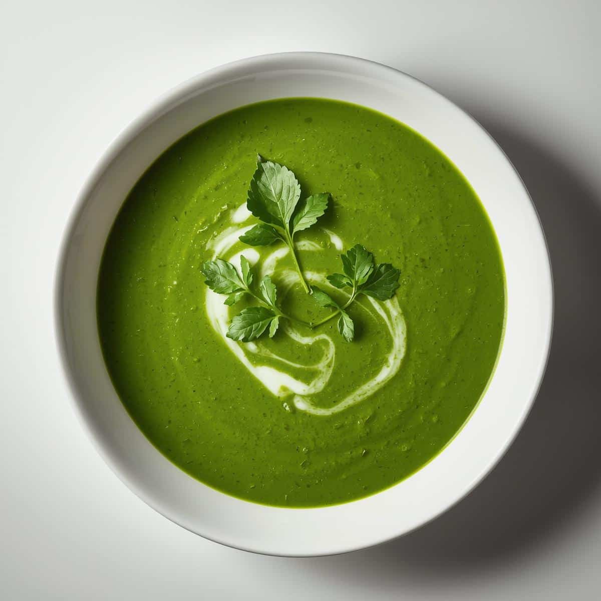 Création d'une photo pesant maximum 300ko format carrée 1 1 d'un plat vu du haut dressé dans une assiette du plat «SOUPE épinard et cerfeuil de façon réaliste