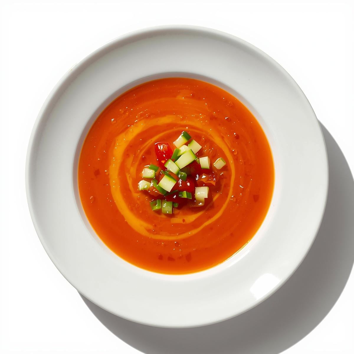 Création d'une photo pesant maximum 300ko format carrée 1 1 d'un plat vu du haut dressé dans une assiette du plat gaspacho de façon réaliste