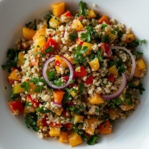 Création d'une photo pesant maximum 300ko format carrée 1 1 d'un plat vu du haut dressé dans une assiette du plat taboulé avec des poivrons, des cubes d'abricot, des oignons, du persil de façon réal (1)
