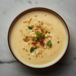 Création d'une photo pesant maximum 300ko format carrée 1 1 d'un plat vu du haut dressé dans une assiette du plat velouté au céleri rave de façon réaliste