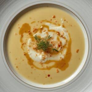 Création d'une photo pesant maximum 300ko format carrée 1 1 d'un plat vu du haut dressé dans une assiette du plat «velouté au céleri rave de façon réaliste