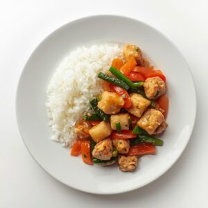 Poulet gingembre, riz et petits légumes