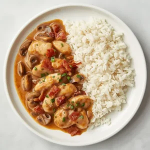 Aiguillettes volaille creme champignon lardon riz farcienne