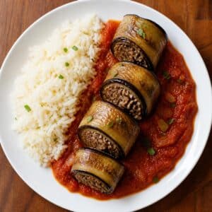 Création d'une photo (Format d'image jpg png; Taille de l'image = 500 Ko; taille 560 800). d'un plat vu du haut dressé dans une assiette du plat tranche d' aubergine farcies à la viande hachée pl
