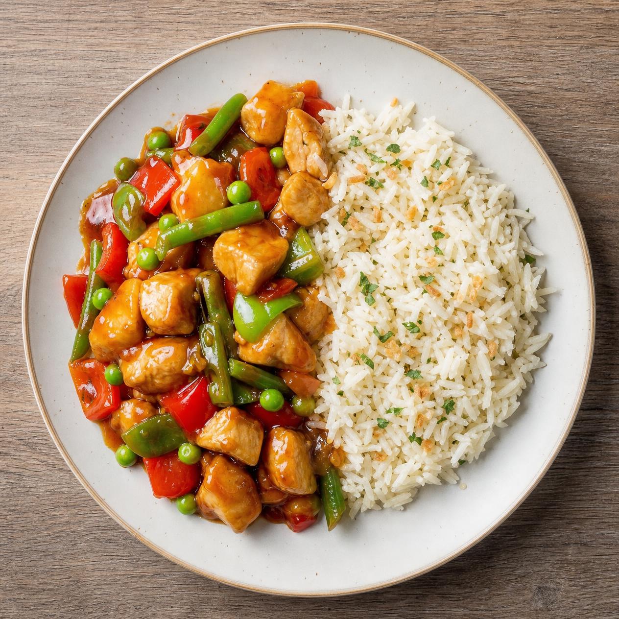 Création d'une photo (Format d'image jpg png; Taille de l'image = 500 Ko; taille 560 800). d'un plat vu du haut dressé dans une assiette du plat dés de poulet aigre doux, légumes croquants (poivro