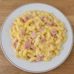 Création d'une photo (Format d'image jpg png; Taille de l'image = 500 Ko; taille 560 800). d'un plat vu du haut dressé dans une assiette du plat macaroni jambon fromage de façon réaliste