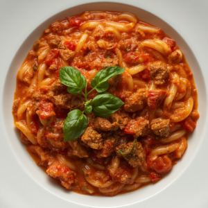 Création d'une photo (Format d'image jpg png; Taille de l'image = 500 Ko; taille 560 800). d'un plat vu du haut dressé dans une assiette du plat orzo avec viande hachée et crème tomatée de façon