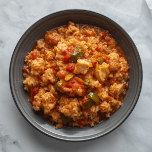 Création d'une photo (Format d'image jpg png; Taille de l'image = 500 Ko; taille 560 800). d'un plat vu du haut dressé dans une assiette du plat riz avec dés de poulet poivron et sauce tomate de