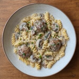 Création d'une photo (Format d'image jpg png; Taille de l'image = 500 Ko; taille 560 800). d'un plat vu du haut dressé dans une assiette du plat spirelli crème de champignons et boulette de f (1)