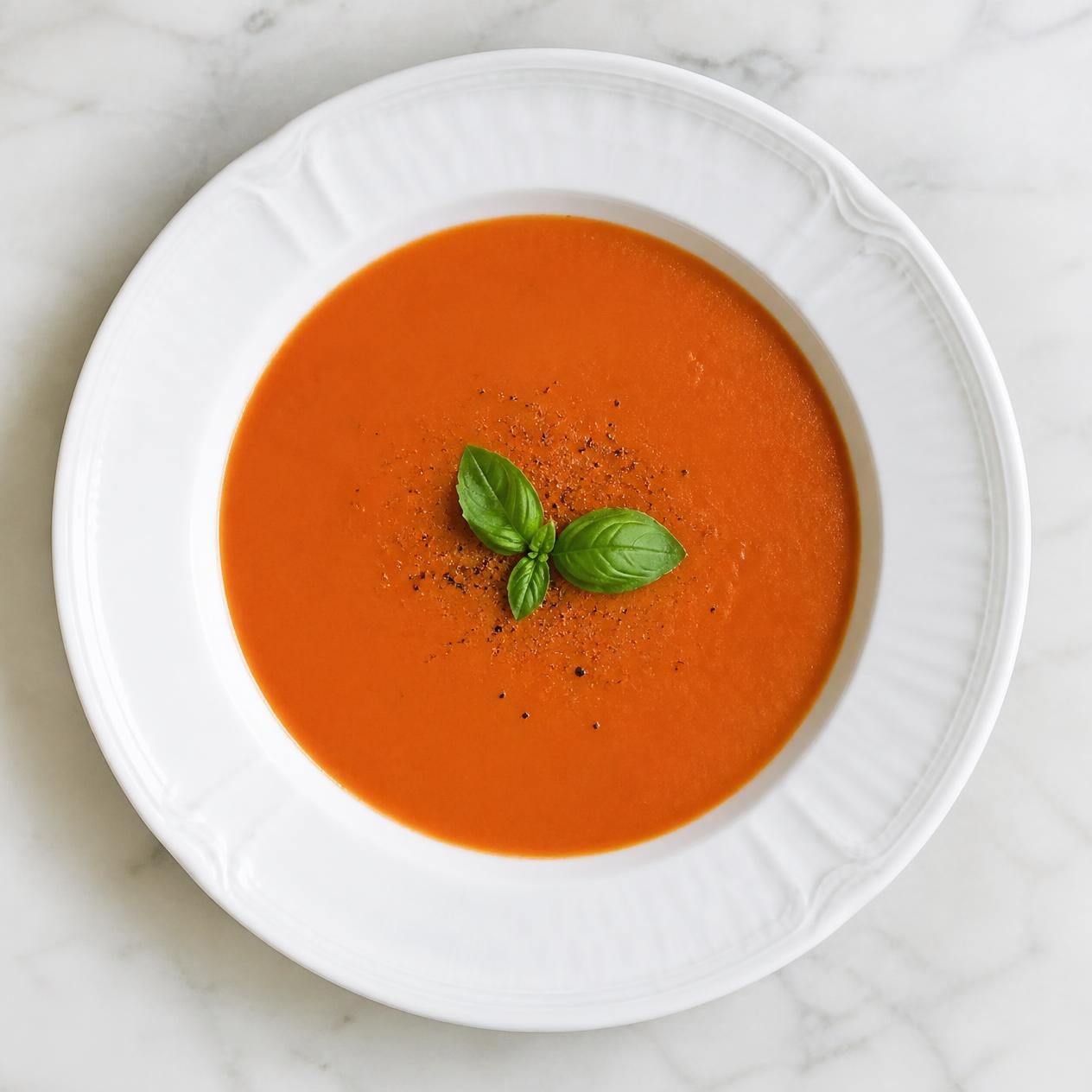 Création d'une photo (Format d'image jpg png; Taille de l'image = 500 Ko; taille 560 800). d'un plat vu du haut dressé dans une assiette du plat velouté à la tomate de façon réaliste (1)