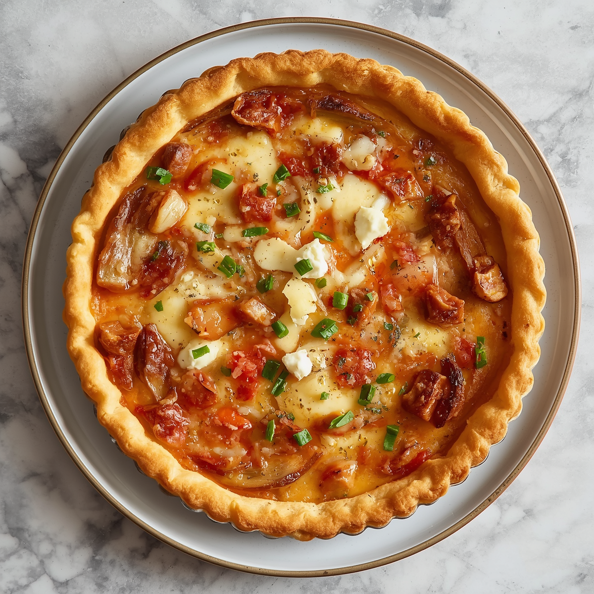 Création d'une photo pesant MAXIMUM 300ko d'un plat vu du haut dressé dans une assiette du plat pâte feuilletée quiche avec des poivrons, oignon, chorizo et feta de façon réaliste