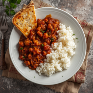 Création d'une photo pesant MAXIMUM 300ko d'un plat vu du haut dressé dans une assiette du plat chili con carne avec riz de façon réaliste