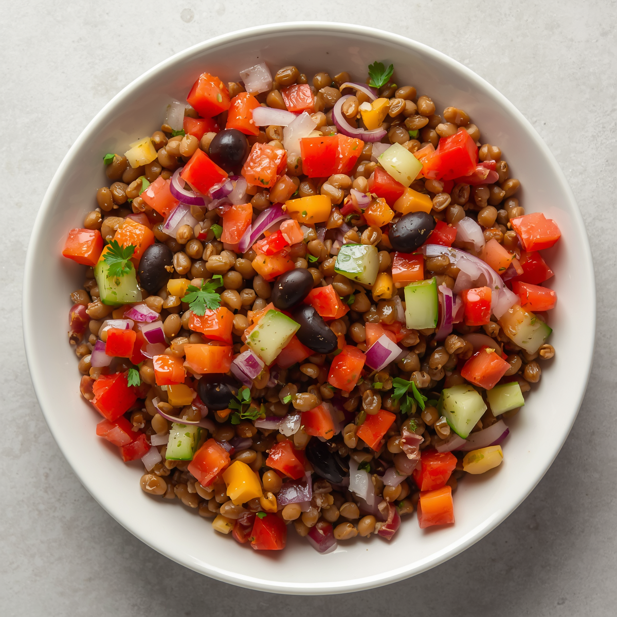 Création d'une photo pesant MAXIMUM 300ko d'un plat vu du haut dressé dans une assiette du plat salade de lentille avec des cubes de poivron, oignon rouge, olive et concombre de façon réaliste