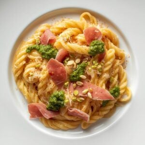 Création d'une photo pesant MAXIMUM 300ko format carrée 1 1 d'un plat vu du haut dressé dans une assiette du plat pâte torsadée type spirelli avec une crème de parmesan, des lanières de mortadelle, un