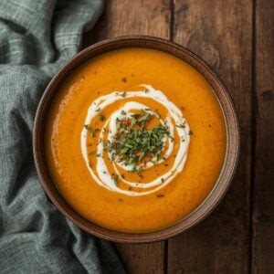 Création d'une photo pesant MAXIMUM 300ko format carrée 1 1 d'un plat vu du haut dressé dans une assiette du plat soupe au potiron de façon réaliste