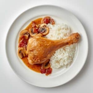 Création d'une photo pesant maximum 300ko format carrée 1 1 d'un plat vu du haut dressé dans une assiette du plat «Cuisse de poulet avec une sauce brune claire avec des champignons, des lardons et du (2)