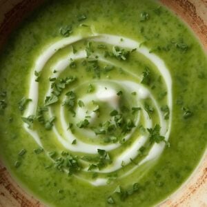 Création d'une photo pesant maximum 300ko format carrée 1 1 d'un plat vu du haut dressé dans une assiette du plat velouté au brocolis et au cerfeuil de façon réaliste (1)