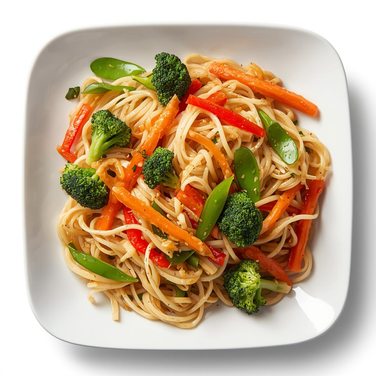 Création d'une photo pesant maximum 300ko format carrée 1 1 d'un plat vu du haut dressé dans une assiette du plat Nouille aux petits légumes façon réaliste