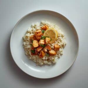 Création d'une photo pesant maximum 300ko format carrée 1 1 d'un plat vu du haut dressé dans une assiette du plat bowl de riz avec du poulet mariné au citron de façon réaliste