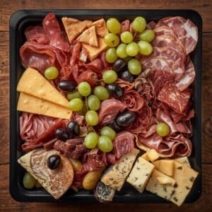 Création d'une photo pesant maximum 300ko format carrée 1 1 d'un plat vu du haut dressé dans une assiette du plat box de charcuterie avec du salami en tranche, de la coppa, du filet de saxe et de fro (2)