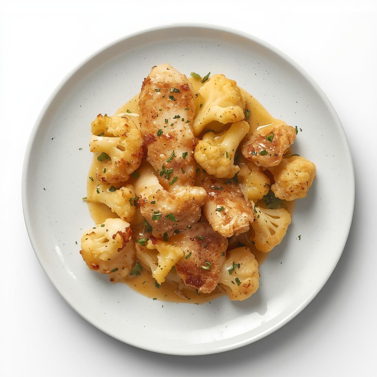 Création d'une photo pesant maximum 300ko format carrée 1 1 d'un plat vu du haut dressé dans une assiette du plat gratin de chou fleur au poulet façon réaliste (1)