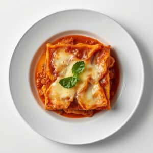 Création d'une photo pesant maximum 300ko format carrée 1 1 d'un plat vu du haut dressé dans une assiette du plat lasagne traditionnelle de façon réaliste