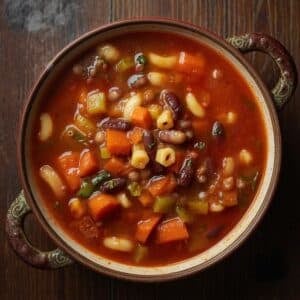 Création d'une photo pesant maximum 300ko format carrée 1 1 d'un plat vu du haut dressé dans une assiette du plat minestrone façon réaliste