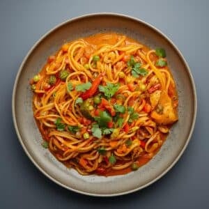 Création d'une photo pesant maximum 300ko format carrée 1 1 d'un plat vu du haut dressé dans une assiette du plat nouilles sautées aux petits légumes curry rouge et crème de façon réaliste