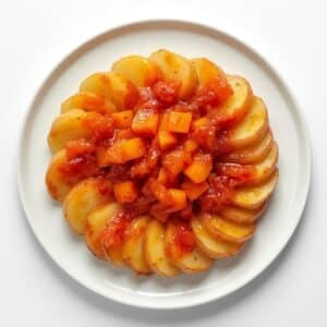 Création d'une photo pesant maximum 300ko format carrée 1 1 d'un plat vu du haut dressé dans une assiette du plat pomme de terre en tranche avec carotte et sauce tomate façon réaliste