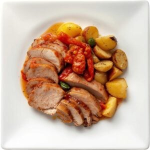 Création d'une photo pesant maximum 300ko format carrée 1 1 d'un plat vu du haut dressé dans une assiette du plat rôti de porc en tranche sauce tomate avec des poivrons avec pomme de terre rissolée (1)
