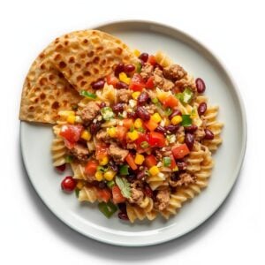 Création d'une photo pesant maximum 300ko format carrée 1 1 d'un plat vu du haut dressé dans une assiette du plat salade de pate spirelli haché porc et bœuf, maïs, poivron, haricot rouge avec des tor (1)