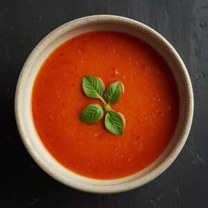 Création d'une photo pesant maximum 300ko format carrée 1 1 d'un plat vu du haut dressé dans une assiette du plat soupe tomate façon réaliste