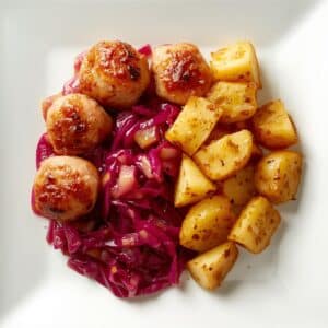 Création d'une photo pesant maximum 300ko format carrée 1 1 d'un plat vu du haut dressé dans une assiette du plat « boulette, chou rouge aux pomme et pomme de terre sautées de façon réaliste