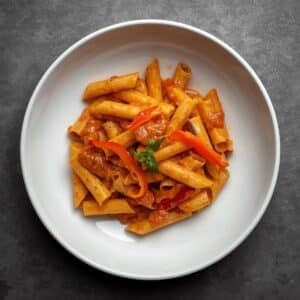 Création d'une photo pesant maximum 300ko format carrée 1 1 d'un plat vu du haut dressé dans une assiette du plat «pâte, avec de la crème de chorizo et des poivrons de façon réaliste (1)