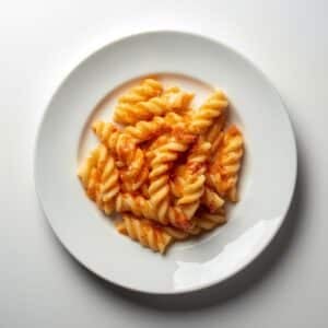 Création d'une photo pesant maximum 300ko format carrée 1 1 d'un plat vu du haut dressé dans une assiette du plat « pâte torsadée à la crème de poivron de façon réaliste