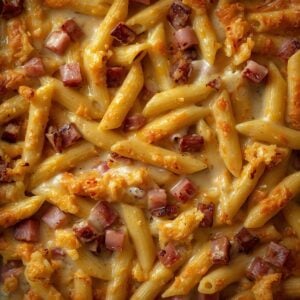 Création d'une photo pesant maximum 300ko format carrée 1 1 d'un plat vu du haut dressé dans une assiette du plat «penne crème avec du jambon fumé le tout gratiné avec du fromage, de façon réaliste