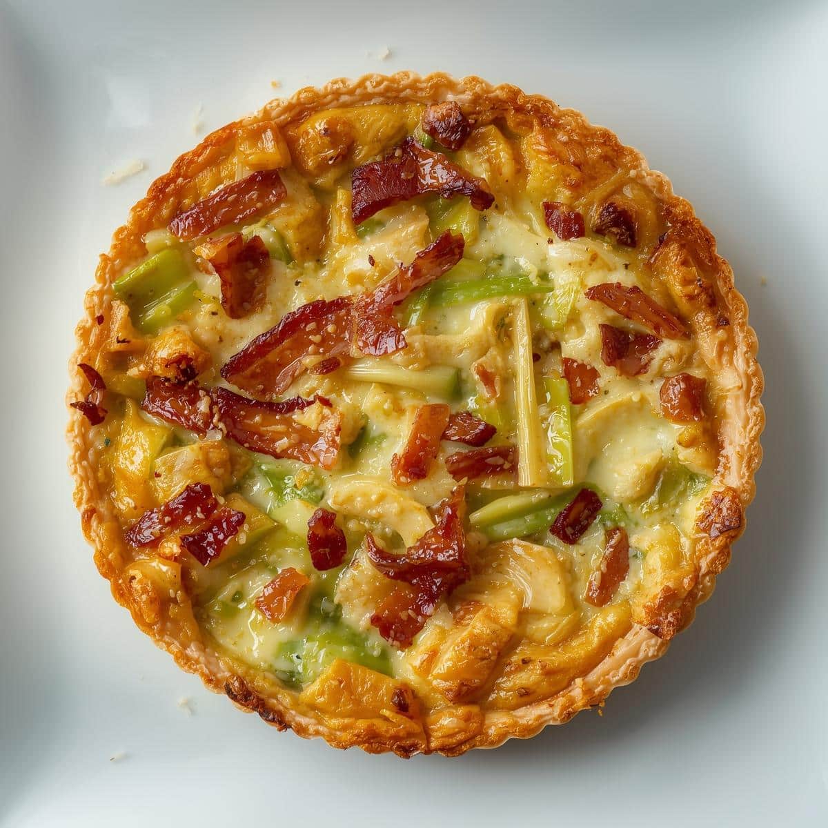 Création d'une photo pesant maximum 300ko format carrée 1 1 d'un plat vu du haut dressé dans une assiette du plat «quiche au lardon, blanc de poireaux et reblochon » de façon réaliste