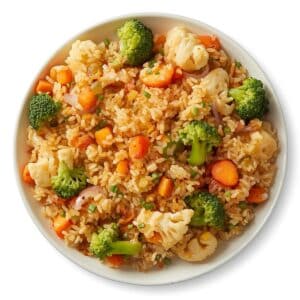 Création d'une photo pesant maximum 300ko format carrée 1 1 d'un plat vu du haut dressé dans une assiette du plat «riz sauté aux légumes brocoli, carotte, chou fleur de façon réaliste