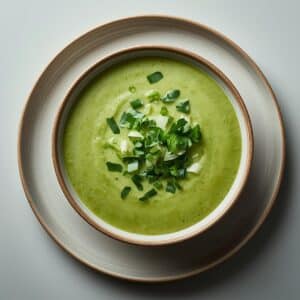 Création d'une photo pesant maximum 300ko format carrée 1 1 d'un plat vu du haut dressé dans une assiette du plat «soupe poireaux cerfeuil de façon réaliste