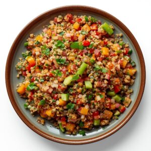 Création d'une photo pesant maximum 300ko format carrée 1 1 d'un plat vu du haut dressé dans une assiette du plat «taboulé aux petits légumes de façon réaliste